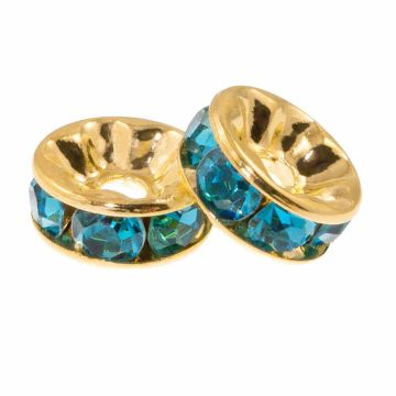 Rhinestone Spacer Kralen (8 x 3.5 mm) Blue - Goud (10 Stuks)