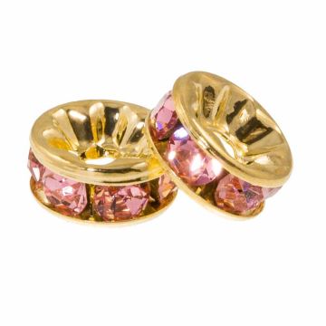 Rhinestone Spacer Kralen (8 x 3.5 mm) Pink - Goud (10 Stuks)