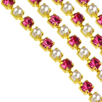 Rhinestone Parel Ketting (2 mm) Goud - Pink (2 Meter)