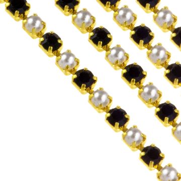 Rhinestone Parel Ketting (2 mm) Goud - Black (2 Meter)