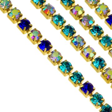 Rhinestone Ketting (2 mm) Goud - Blue Color Mix AB (2 Meter)