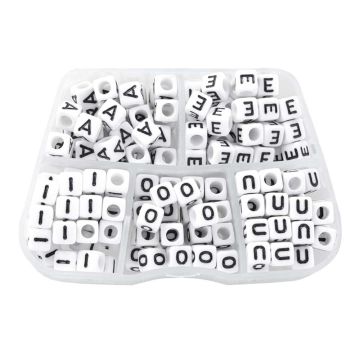 Kralendoos - Letterkralen Klinkers Groot Gat (6 x 6 mm) White-Black (35 kralen per letter) 