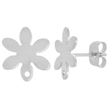 Stainless Steel Oorstekers Bloem met Sluiting (13 x 11.5 mm) Antiek Zilver (4 Stuks)