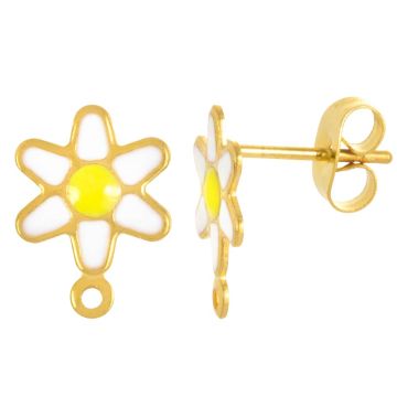 Stainless Steel Oorstekers Enamel Bloem met Sluiting (12.5 x 9 mm) White-Goud (2 Stuks)