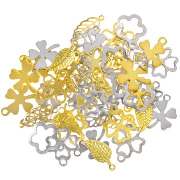 Stainless Steel Bedelmix Bloemetjes & Blaadjes (10.7 - 14 x 6 - 12.5 x 0.5 - 0.9 mm) Mix Color (50 Stuks)
