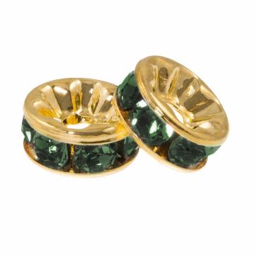 Rhinestone Spacer Kralen (6 x 3 mm) Dark Green - Goud (10 Stuks)