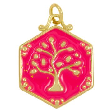 Hanger Enamel Tree of Life (22.5 x 17.5 x 2.5 mm) Hot Pink (1 Stuk)